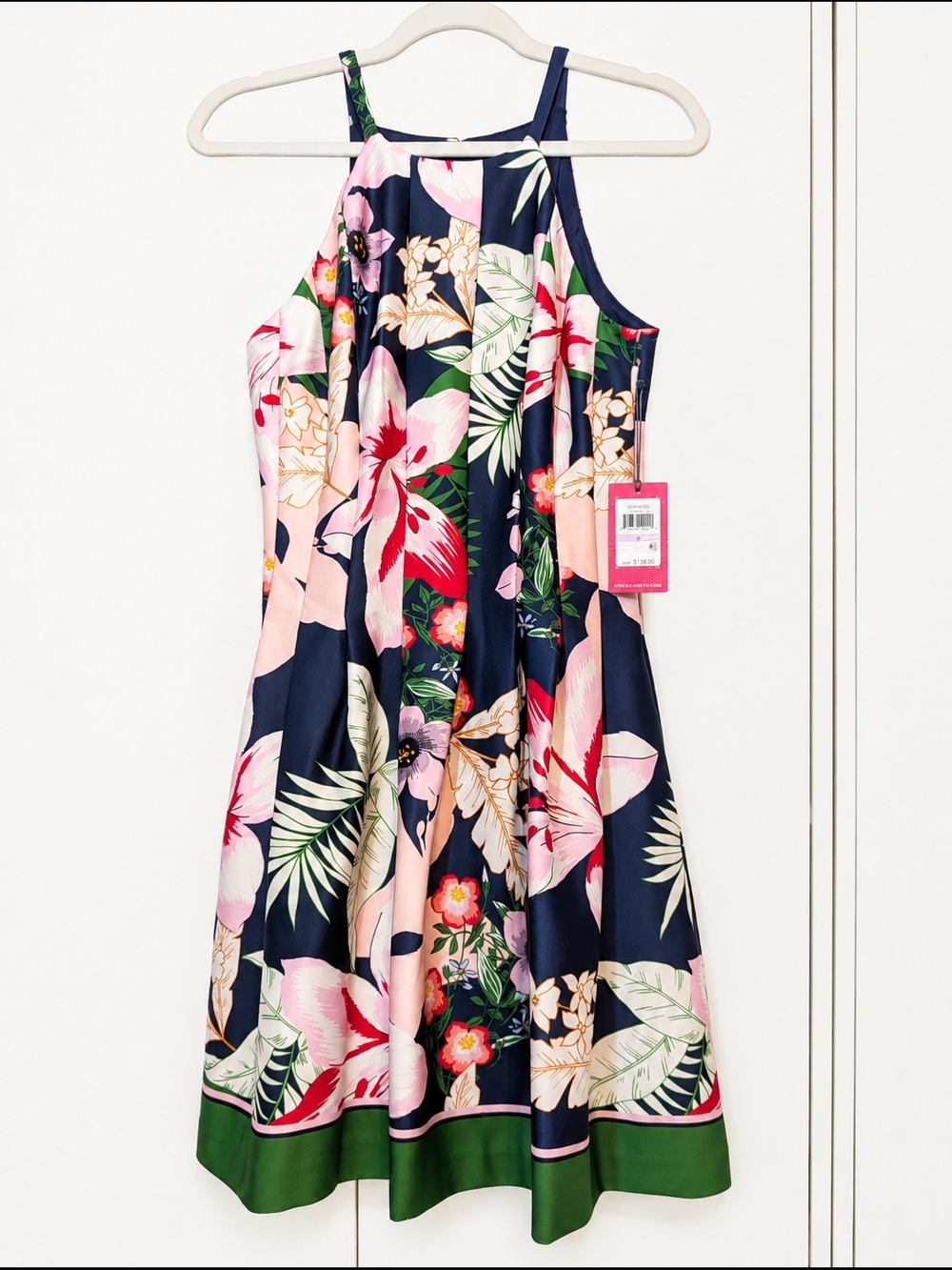 Vince Camuto Navy Floral Halter Midi Dress with Green Trim - Picture 2 of 9